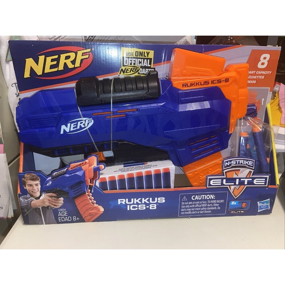 N-strike Nerf Toy Gun elite ruckus  ICS-8 age 8 & Up dart capacity flechetts